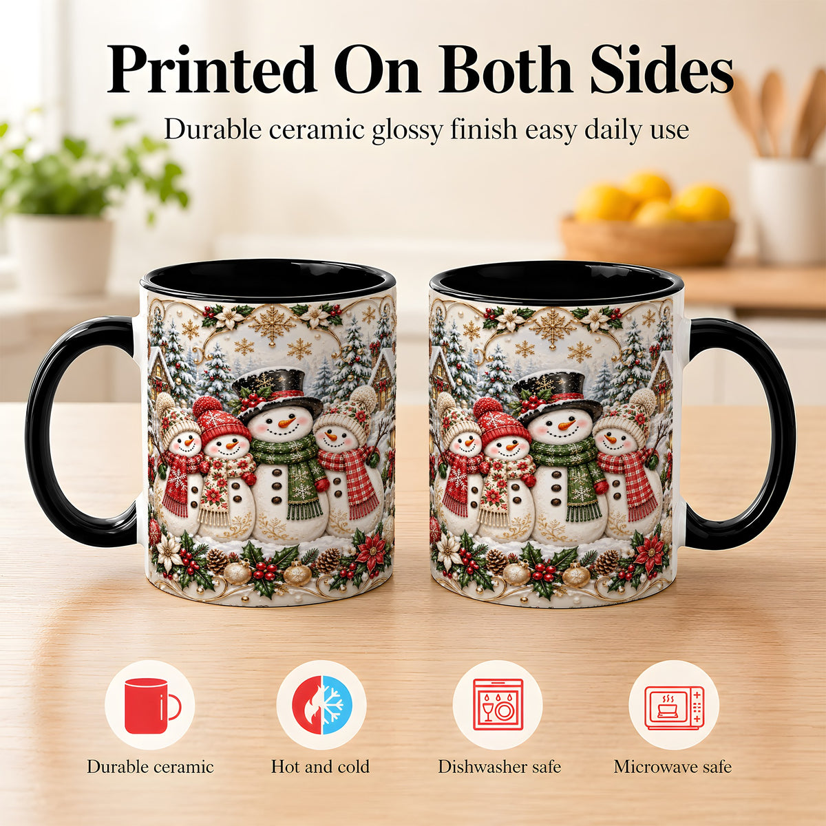 #pl[11oz|Black] Elegant Snowman Coffee Mug, Golden Christmas Family Mug, Ceramic Cup