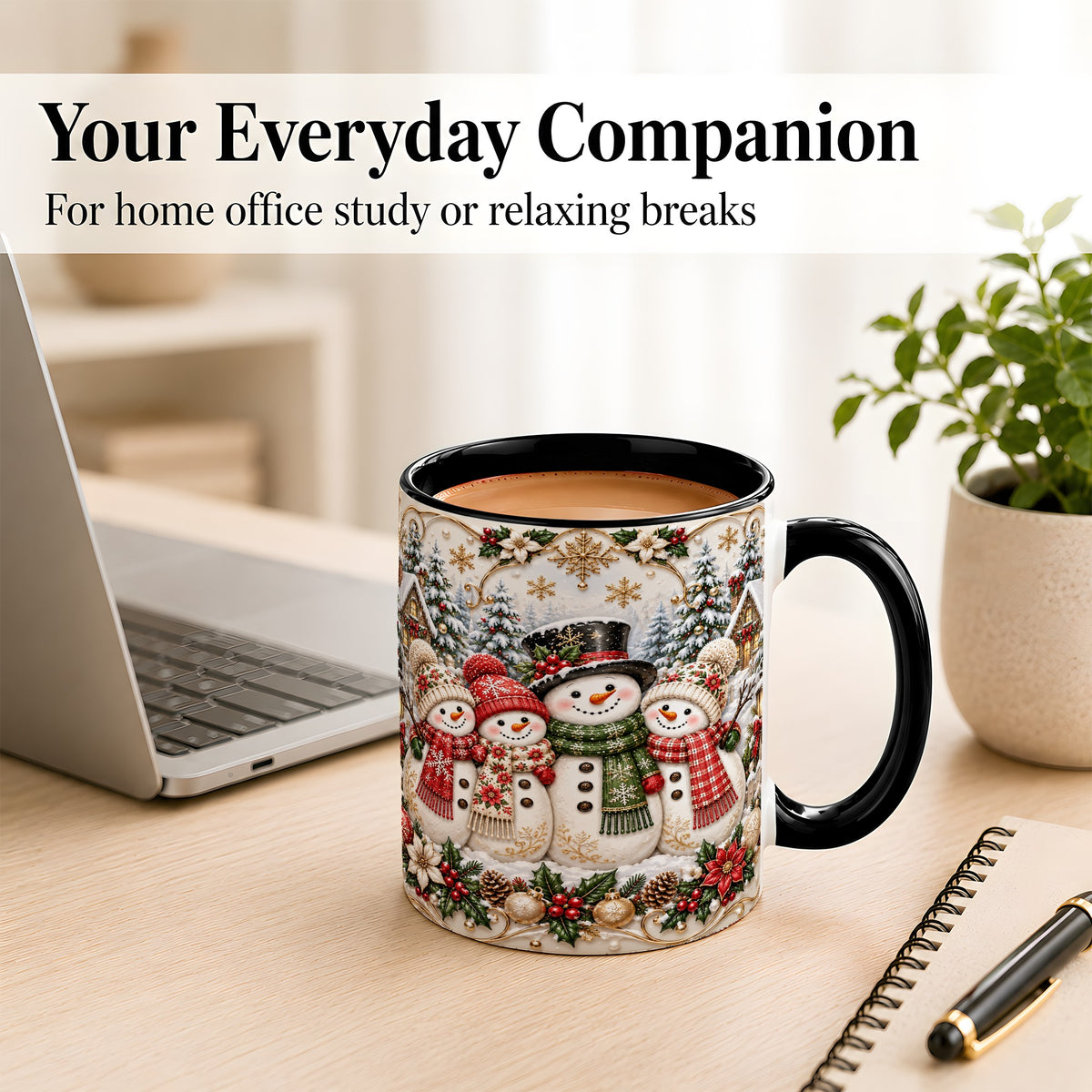 #pl[11oz|Black] Elegant Snowman Coffee Mug, Golden Christmas Family Mug, Ceramic Cup
