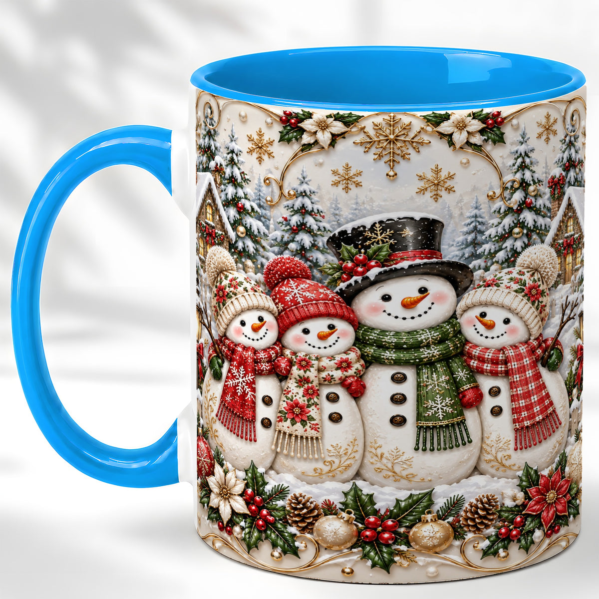 #pl[11oz|Blue] Elegant Snowman Coffee Mug, Golden Christmas Family Mug, Ceramic Cup