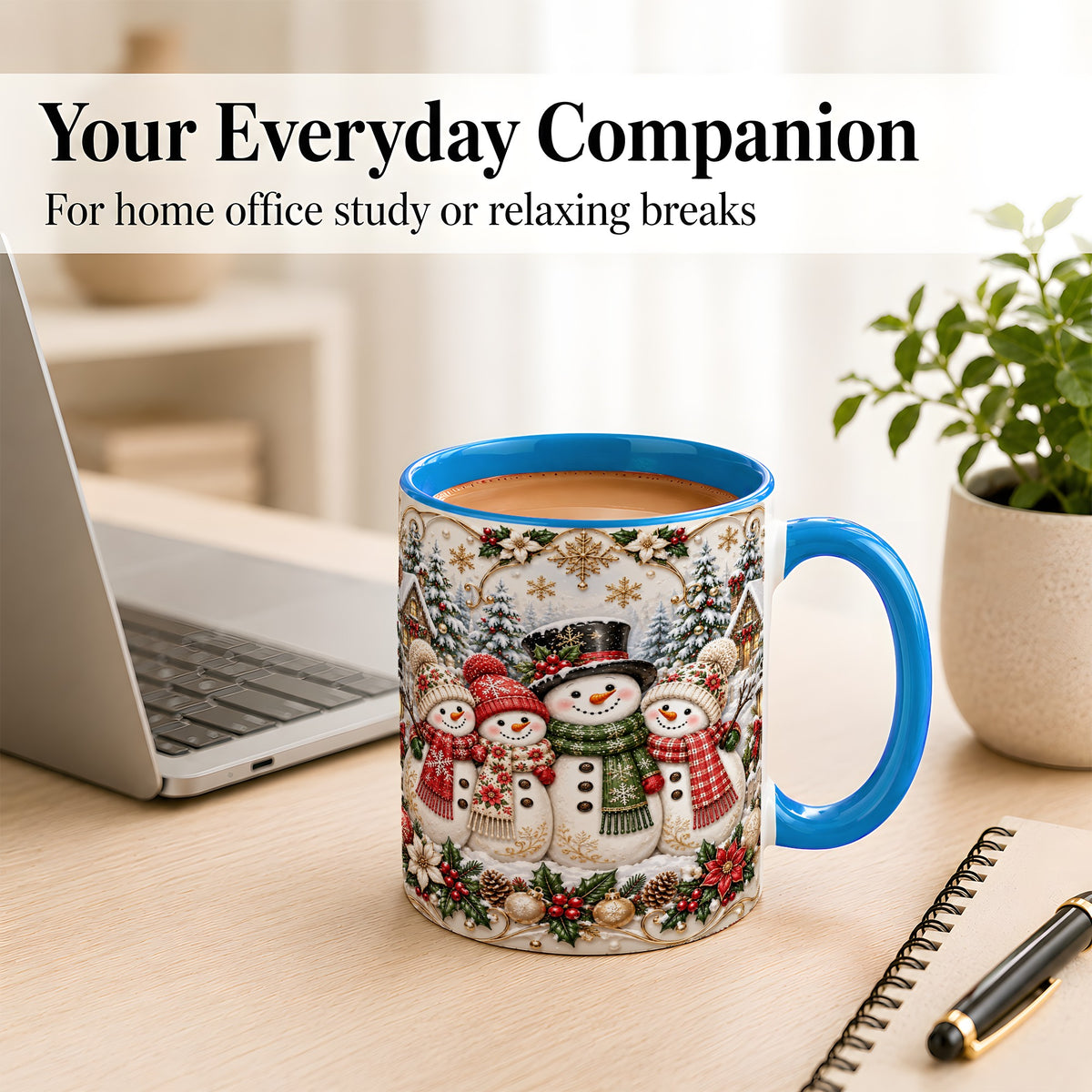 #pl[11oz|Blue] Elegant Snowman Coffee Mug, Golden Christmas Family Mug, Ceramic Cup
