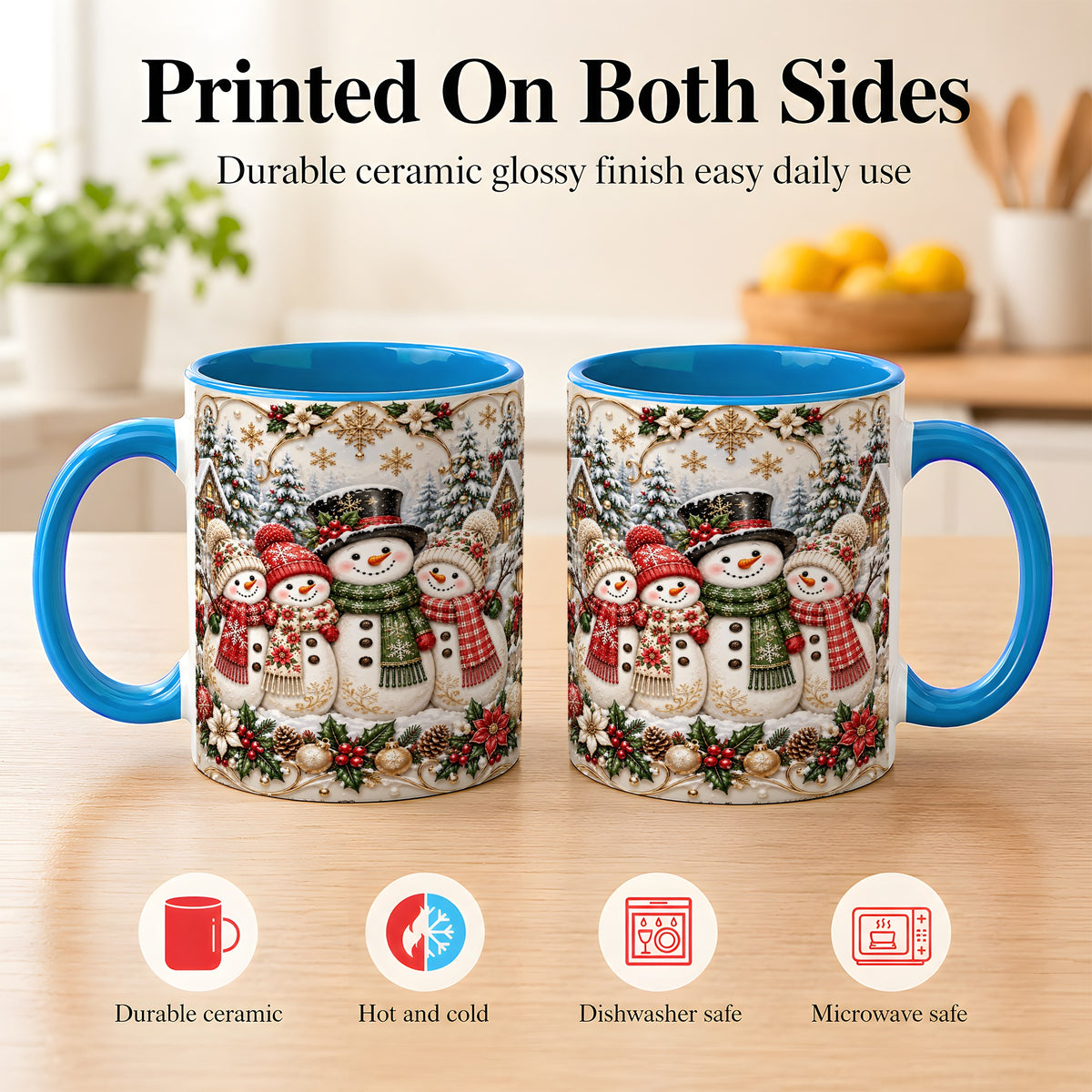 #pl[11oz|Blue] Elegant Snowman Coffee Mug, Golden Christmas Family Mug, Ceramic Cup