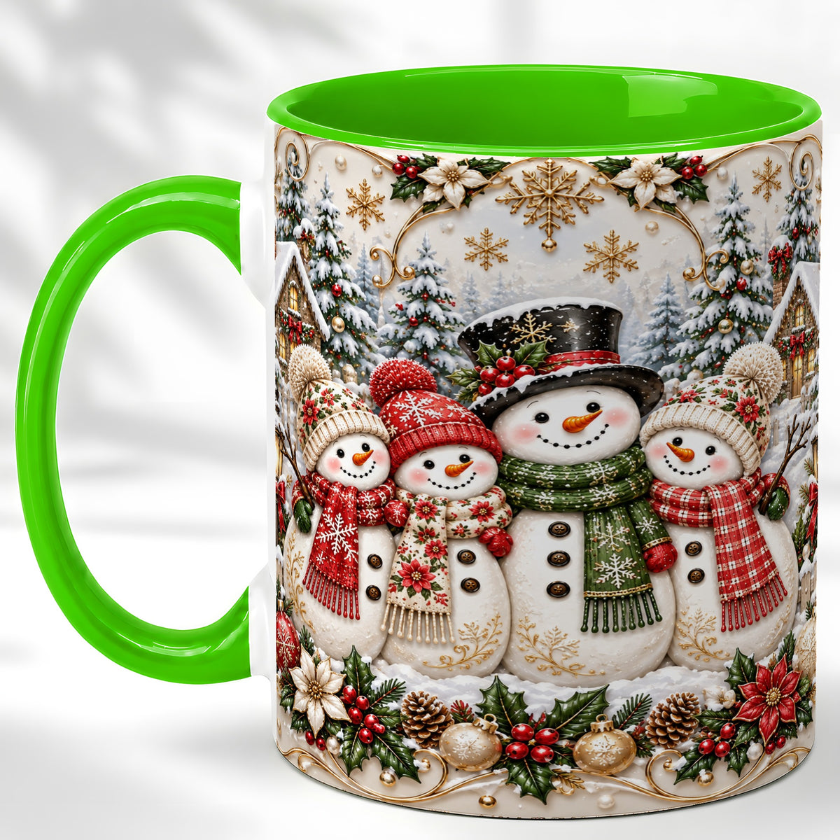 #pl[11oz|Green] Elegant Snowman Coffee Mug, Golden Christmas Family Mug, Ceramic Cup