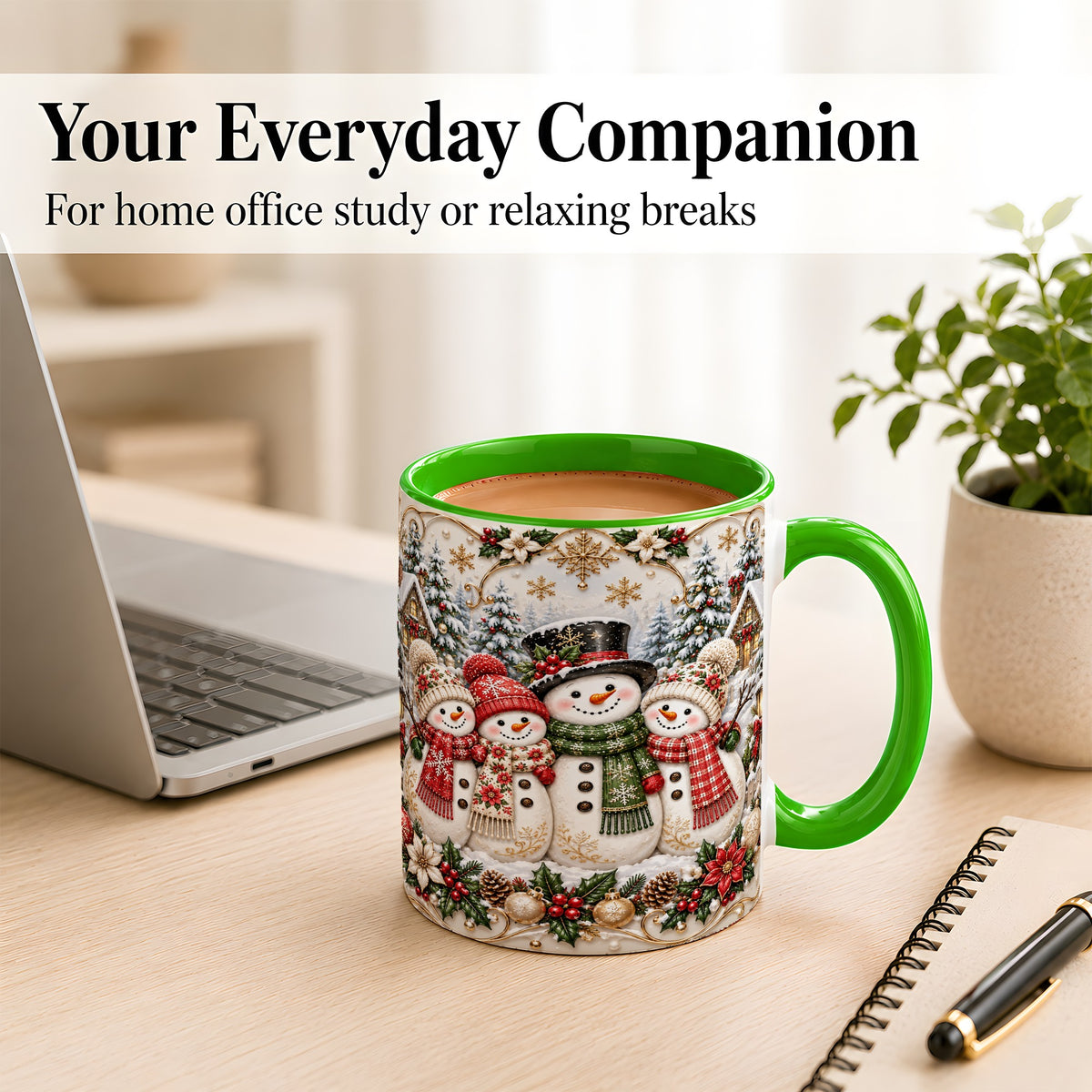 #pl[11oz|Green] Elegant Snowman Coffee Mug, Golden Christmas Family Mug, Ceramic Cup