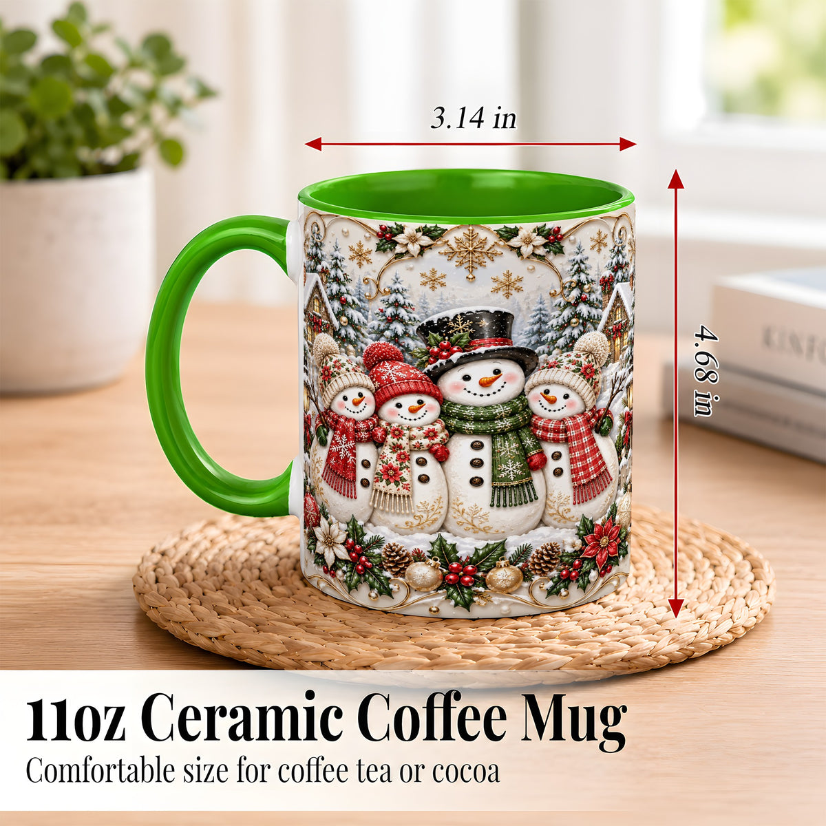 #pl[11oz|Green] Elegant Snowman Coffee Mug, Golden Christmas Family Mug, Ceramic Cup