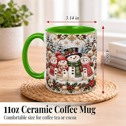 #pl[11oz|Green] Elegant Snowman Coffee Mug, Golden Christmas Family Mug, Ceramic Cup