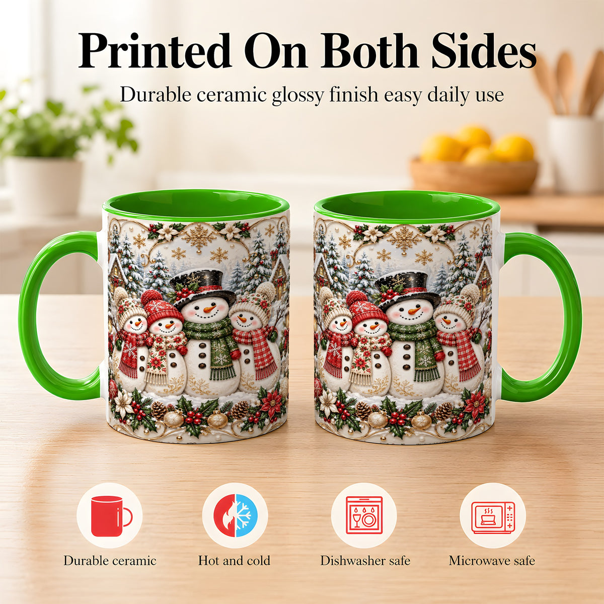#pl[11oz|Green] Elegant Snowman Coffee Mug, Golden Christmas Family Mug, Ceramic Cup