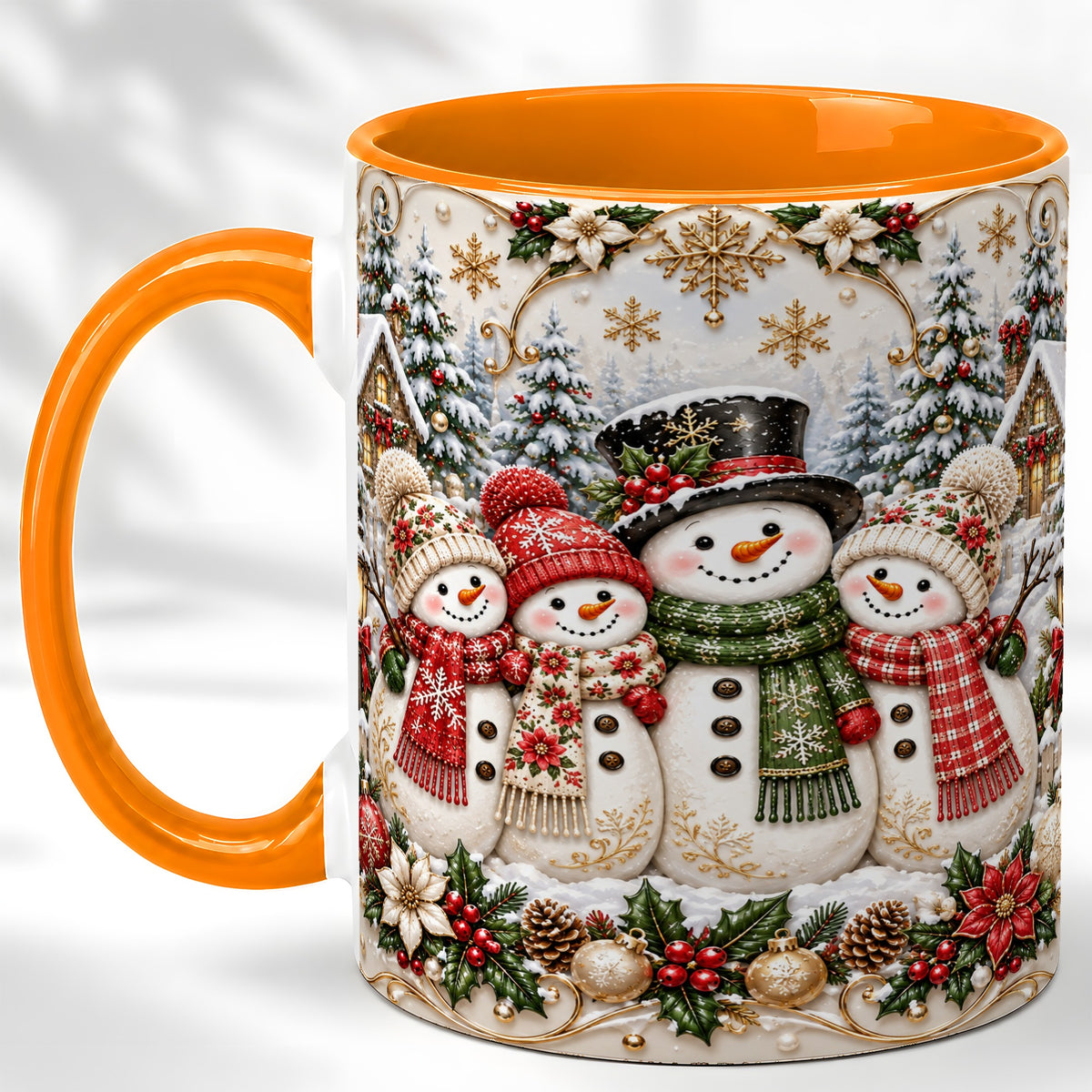 #pl[11oz|Orange] Elegant Snowman Coffee Mug, Golden Christmas Family Mug, Ceramic Cup