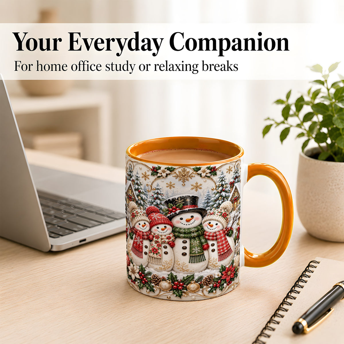 #pl[11oz|Orange] Elegant Snowman Coffee Mug, Golden Christmas Family Mug, Ceramic Cup