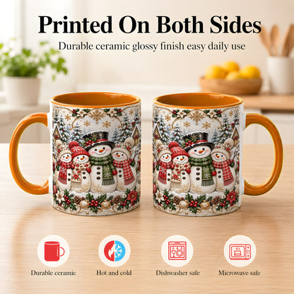 #pl[11oz|Orange] Elegant Snowman Coffee Mug, Golden Christmas Family Mug, Ceramic Cup