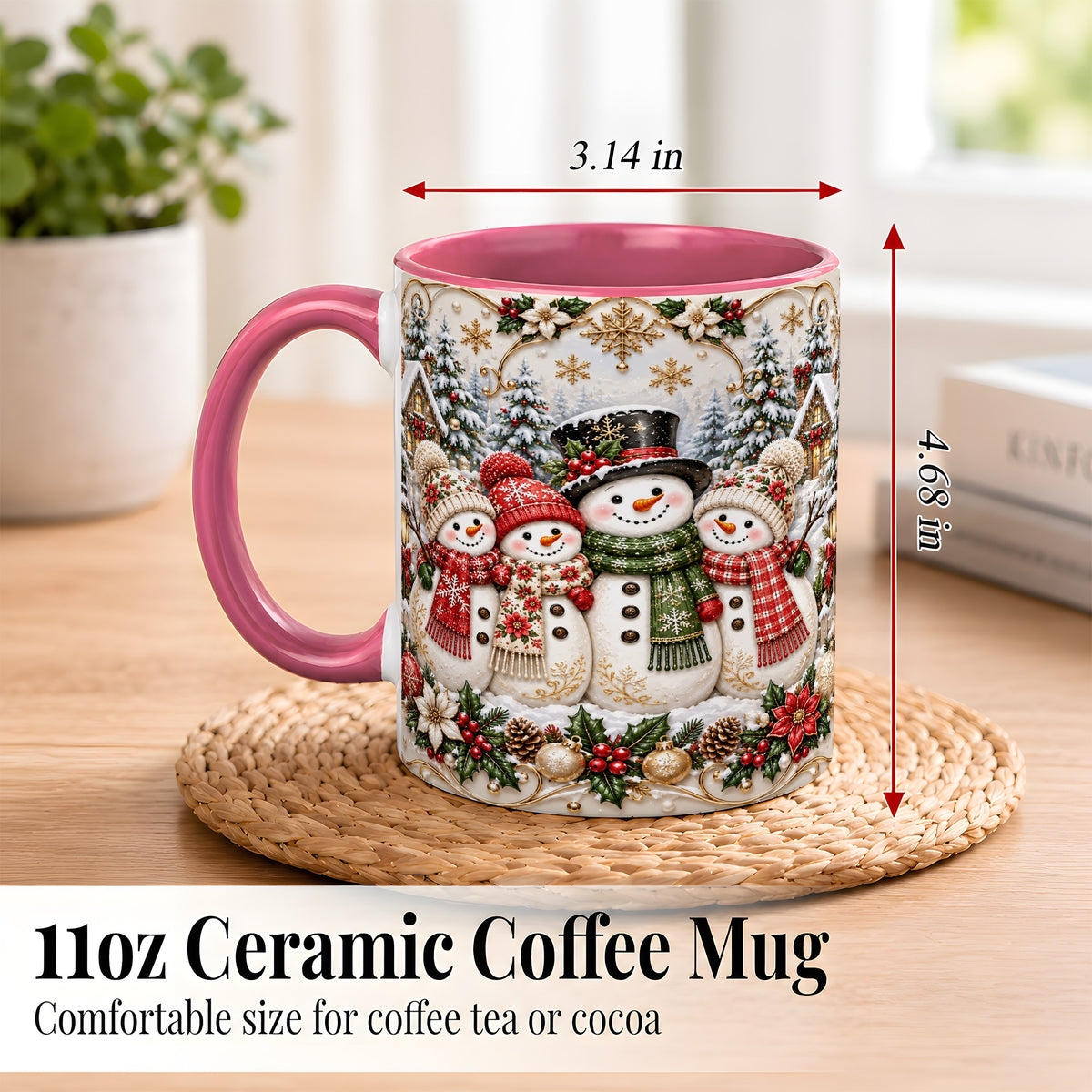#pl[11oz|Pink] Elegant Snowman Coffee Mug, Golden Christmas Family Mug, Ceramic Cup
