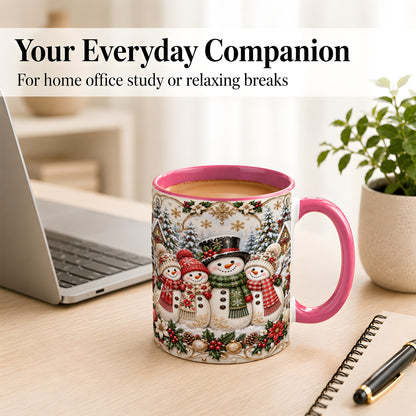 #pl[11oz|Pink] Elegant Snowman Coffee Mug, Golden Christmas Family Mug, Ceramic Cup
