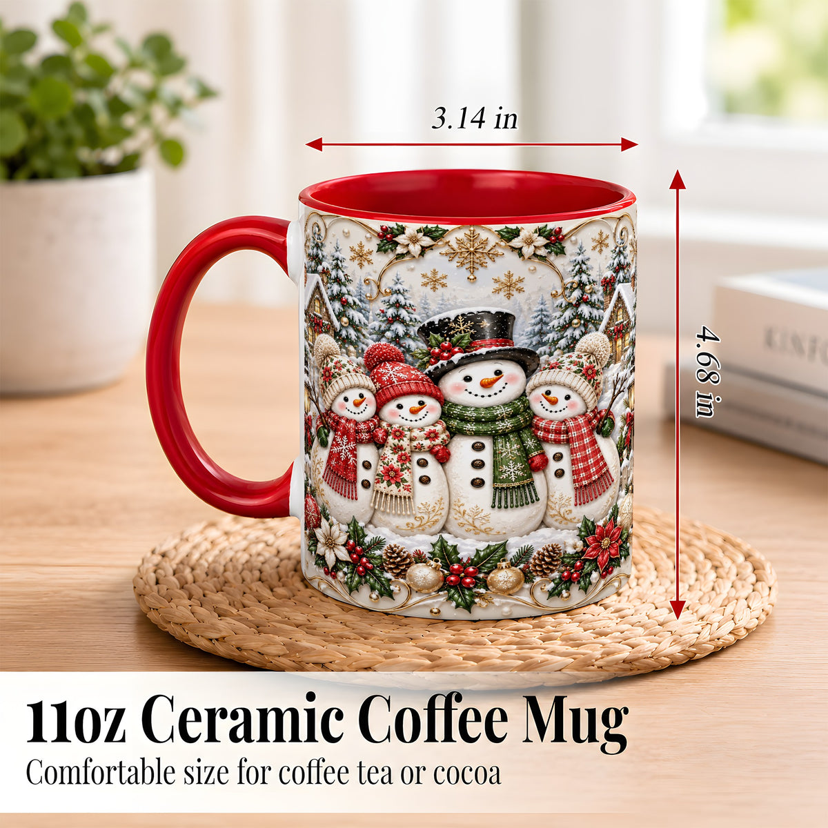 #pl[11oz|Red] Elegant Snowman Coffee Mug, Golden Christmas Family Mug, Ceramic Cup