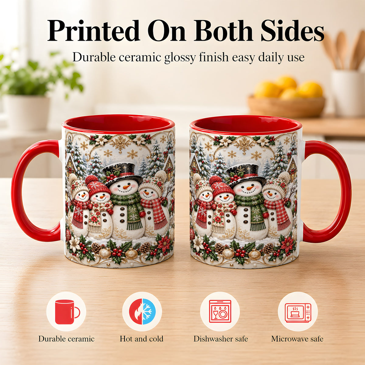 #pl[11oz|Red] Elegant Snowman Coffee Mug, Golden Christmas Family Mug, Ceramic Cup