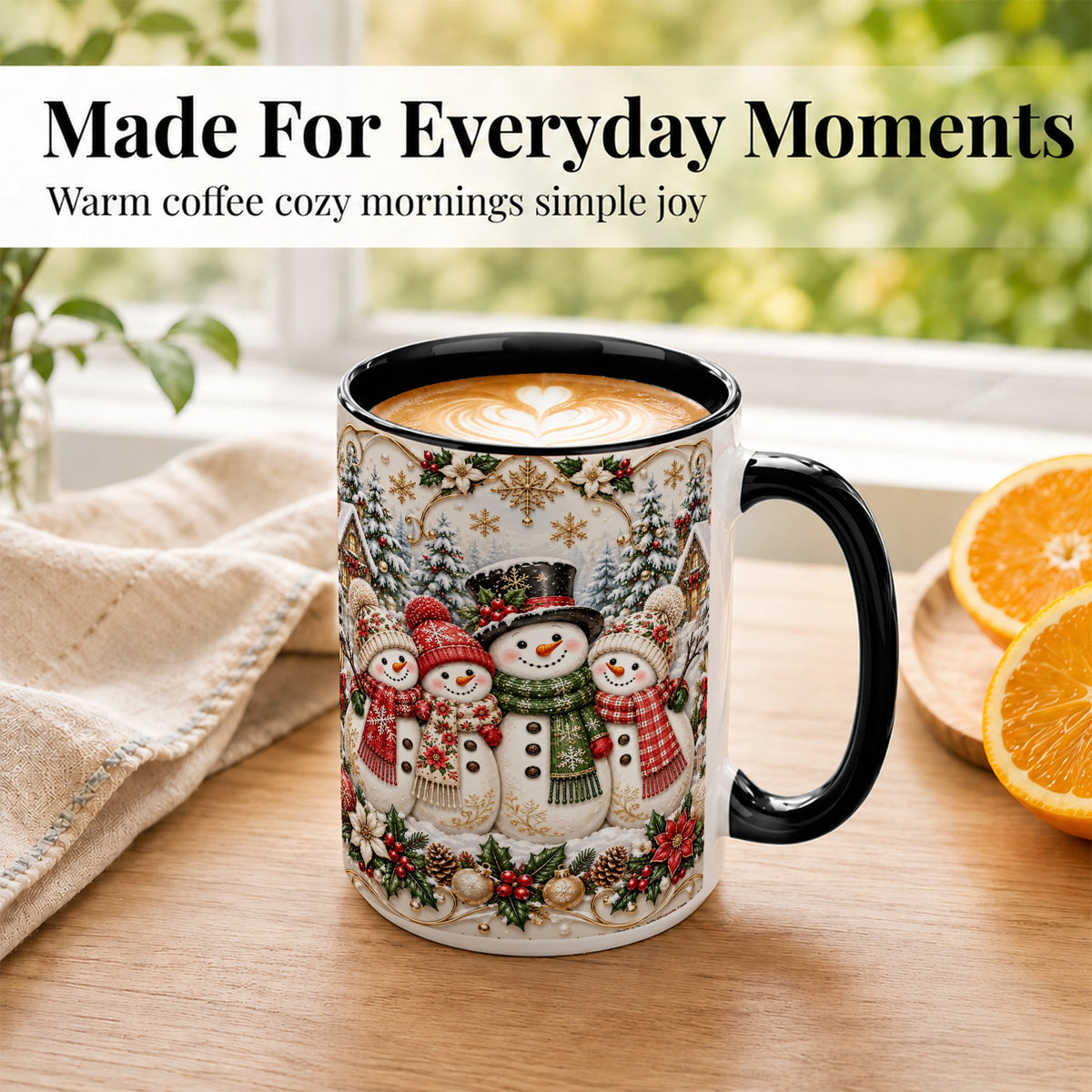 #pl[15oz|Black] Elegant Snowman Coffee Mug, Golden Christmas Family Mug, Ceramic Cup