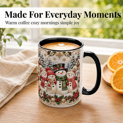 #pl[15oz|Black] Elegant Snowman Coffee Mug, Golden Christmas Family Mug, Ceramic Cup
