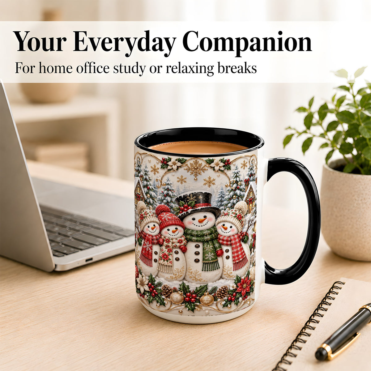 #pl[15oz|Black] Elegant Snowman Coffee Mug, Golden Christmas Family Mug, Ceramic Cup