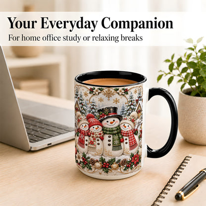 #pl[15oz|Black] Elegant Snowman Coffee Mug, Golden Christmas Family Mug, Ceramic Cup