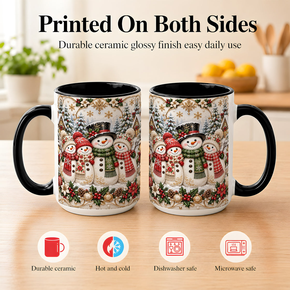 #pl[15oz|Black] Elegant Snowman Coffee Mug, Golden Christmas Family Mug, Ceramic Cup