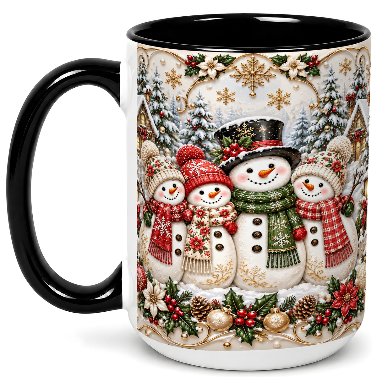 #pl[15oz|Black] Elegant Snowman Coffee Mug, Golden Christmas Family Mug, Ceramic Cup