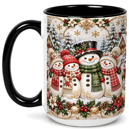 #pl[15oz|Black] Elegant Snowman Coffee Mug, Golden Christmas Family Mug, Ceramic Cup