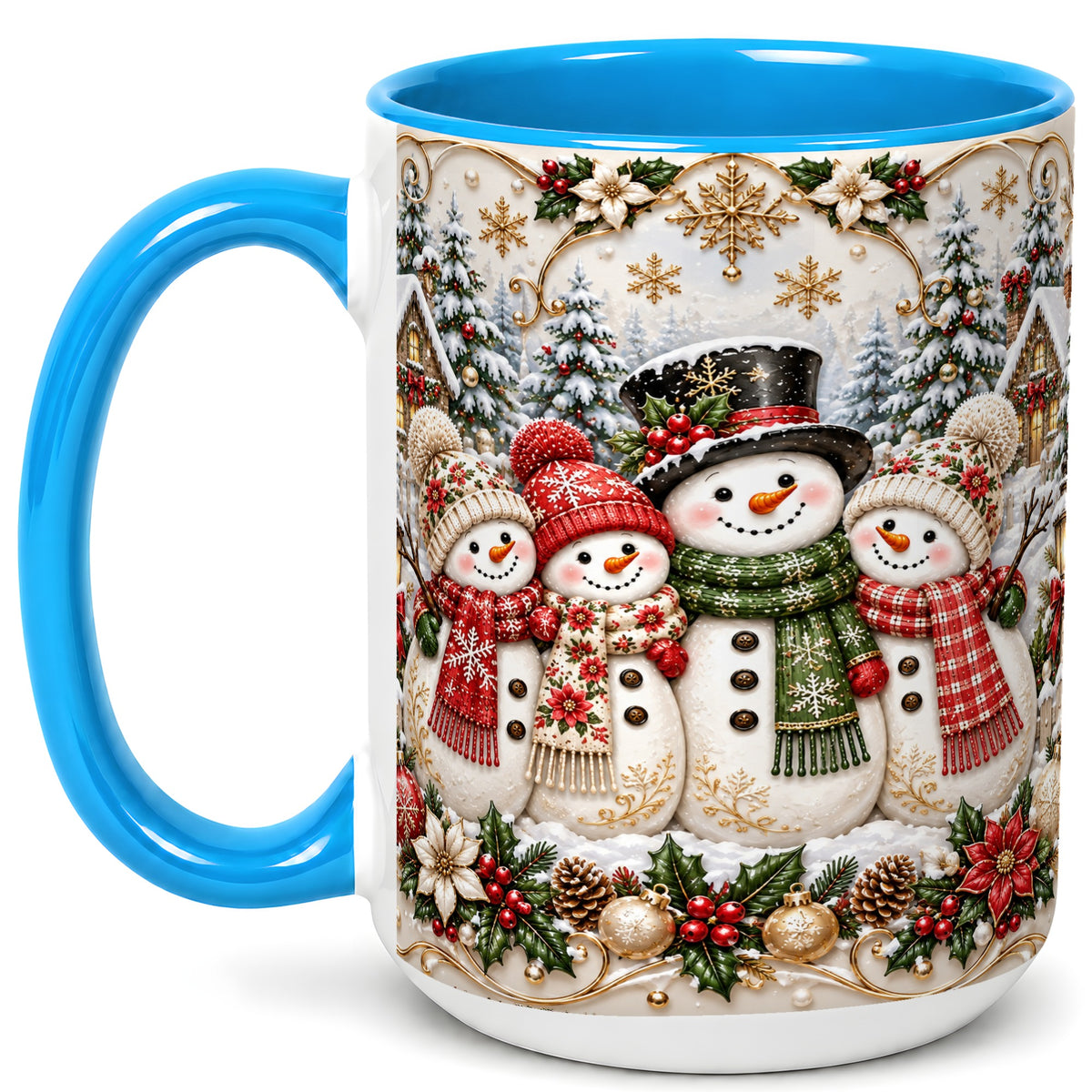 #pl[15oz|Blue] Elegant Snowman Coffee Mug, Golden Christmas Family Mug, Ceramic Cup
