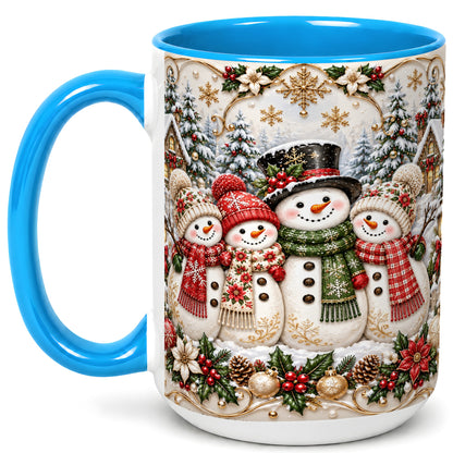 #pl[15oz|Blue] Elegant Snowman Coffee Mug, Golden Christmas Family Mug, Ceramic Cup