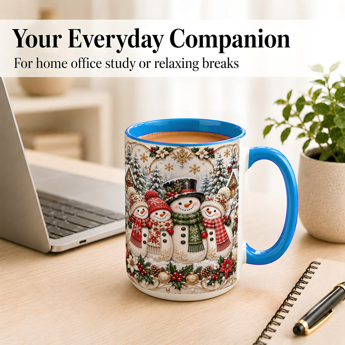 #pl[15oz|Blue] Elegant Snowman Coffee Mug, Golden Christmas Family Mug, Ceramic Cup