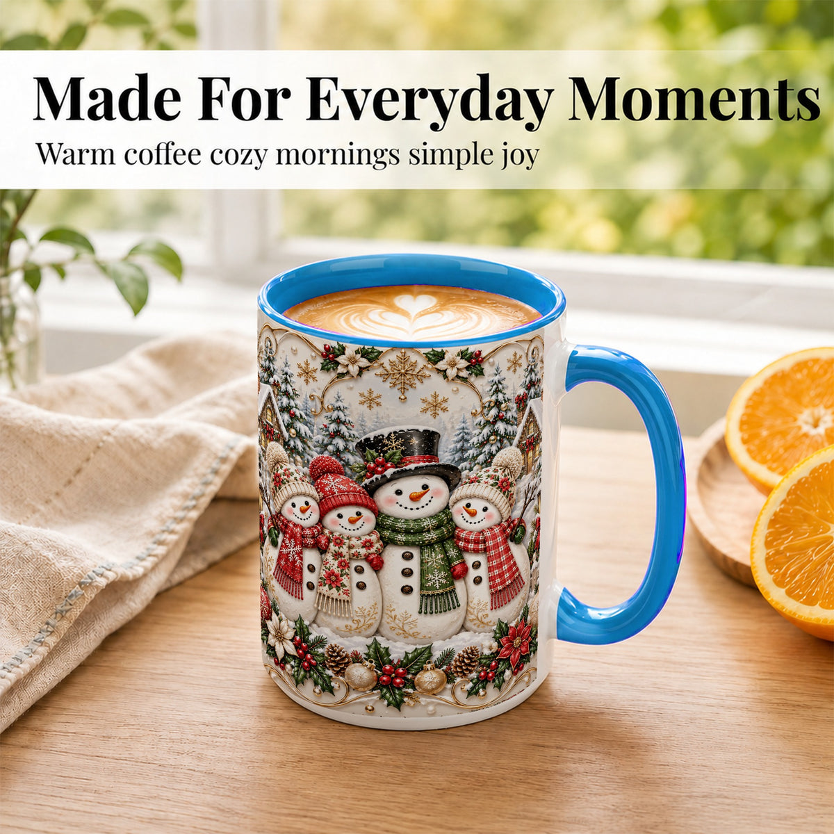 #pl[15oz|Blue] Elegant Snowman Coffee Mug, Golden Christmas Family Mug, Ceramic Cup