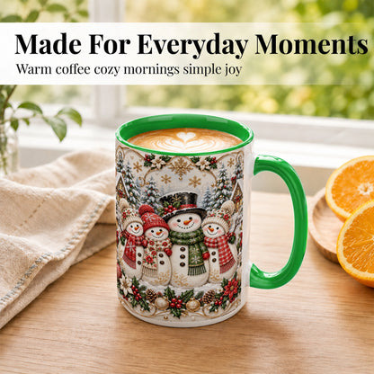 #pl[15oz|Green] Elegant Snowman Coffee Mug, Golden Christmas Family Mug, Ceramic Cup