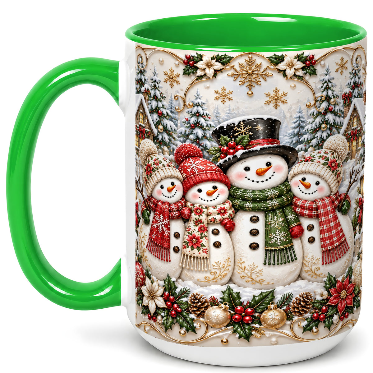#pl[15oz|Green] Elegant Snowman Coffee Mug, Golden Christmas Family Mug, Ceramic Cup