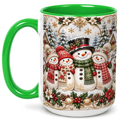 #pl[15oz|Green] Elegant Snowman Coffee Mug, Golden Christmas Family Mug, Ceramic Cup