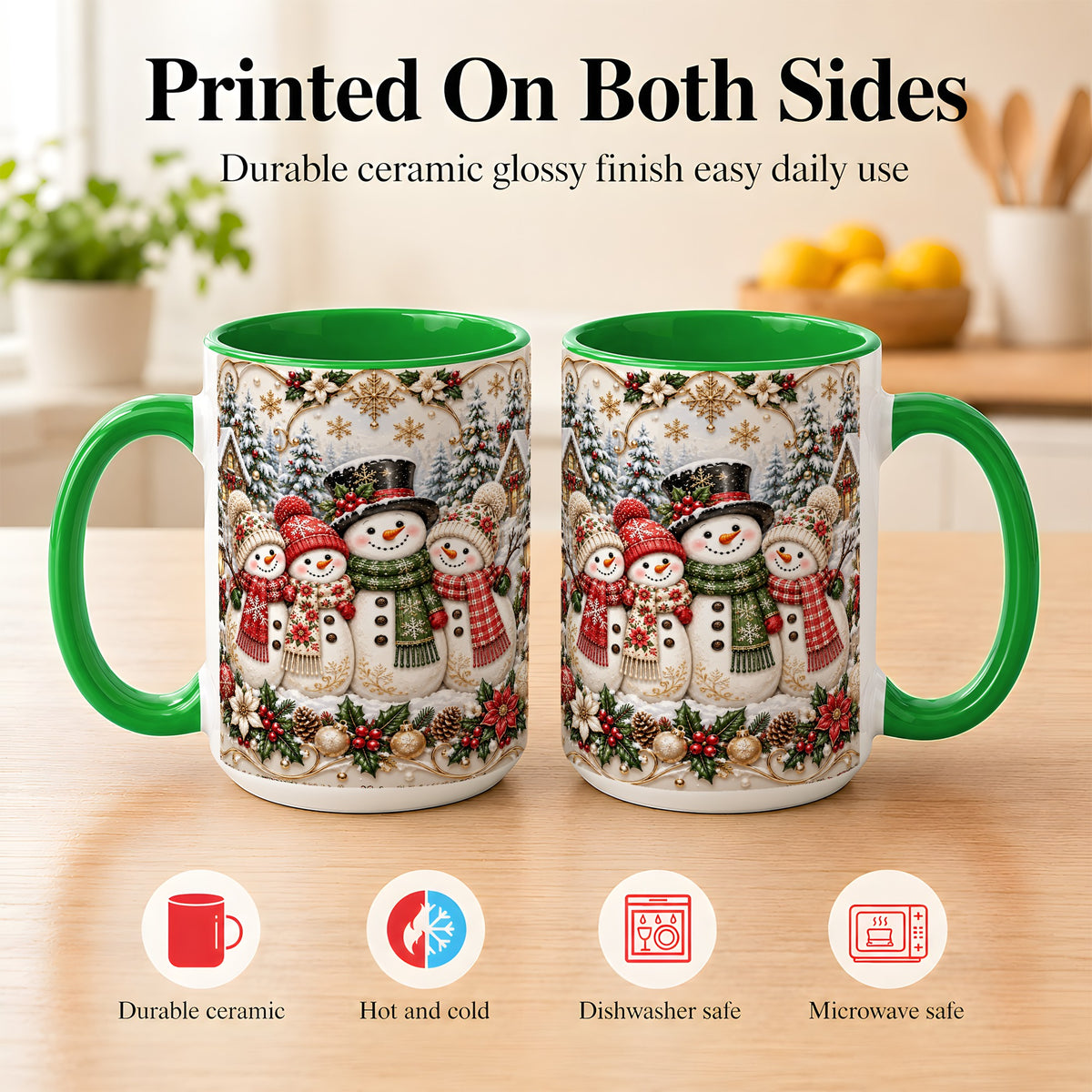 #pl[15oz|Green] Elegant Snowman Coffee Mug, Golden Christmas Family Mug, Ceramic Cup
