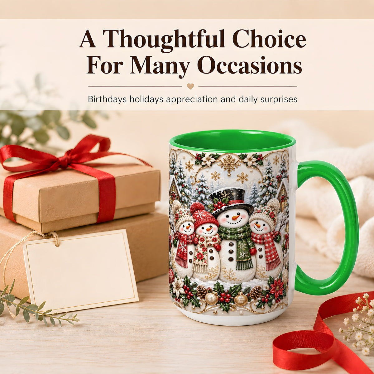 #pl[15oz|Green] Elegant Snowman Coffee Mug, Golden Christmas Family Mug, Ceramic Cup
