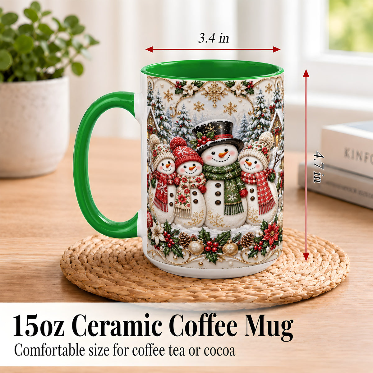 #pl[15oz|Green] Elegant Snowman Coffee Mug, Golden Christmas Family Mug, Ceramic Cup