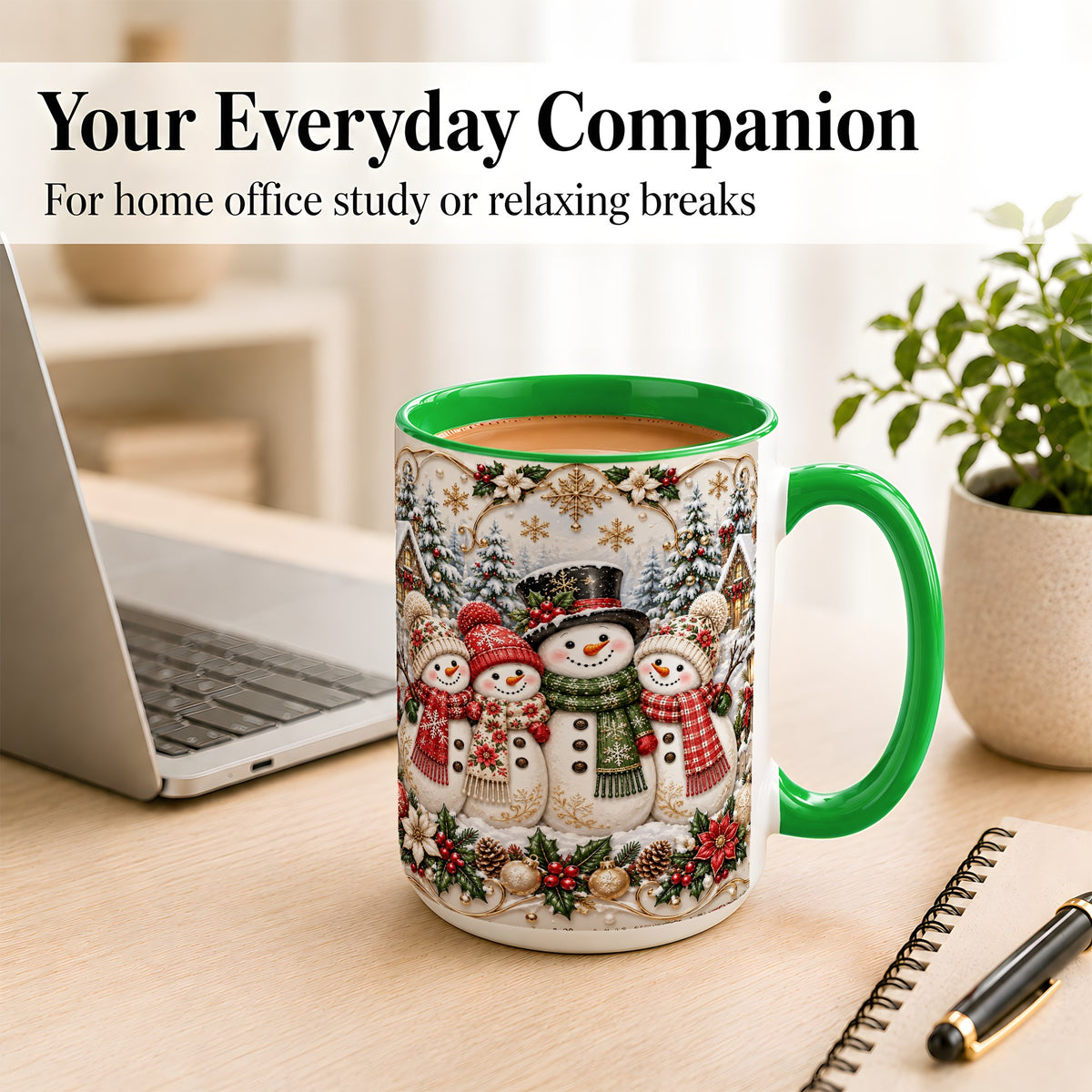 #pl[15oz|Green] Elegant Snowman Coffee Mug, Golden Christmas Family Mug, Ceramic Cup