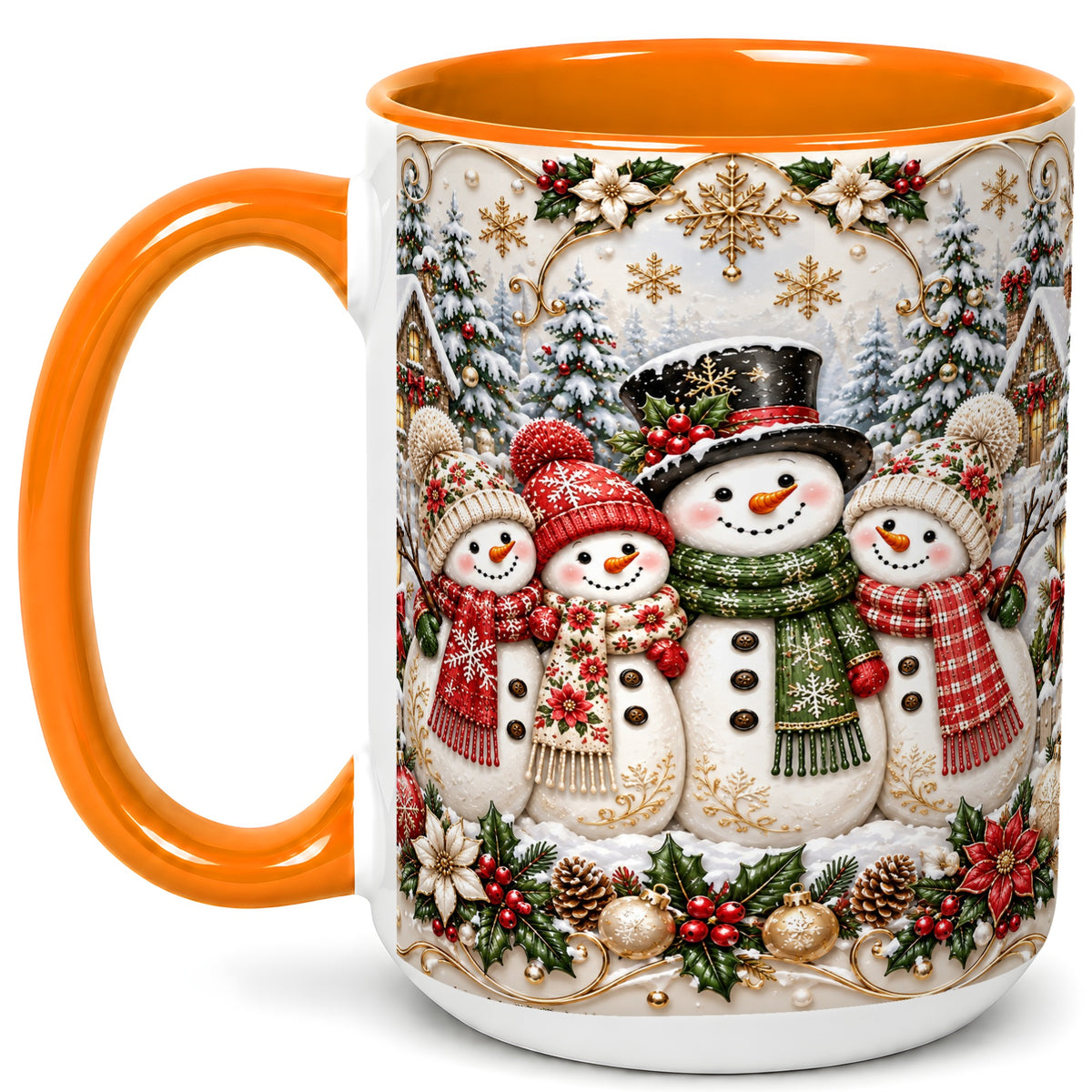 #pl[15oz|Orange] Elegant Snowman Coffee Mug, Golden Christmas Family Mug, Ceramic Cup