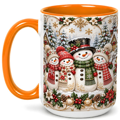 #pl[15oz|Orange] Elegant Snowman Coffee Mug, Golden Christmas Family Mug, Ceramic Cup