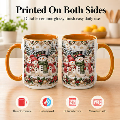 #pl[15oz|Orange] Elegant Snowman Coffee Mug, Golden Christmas Family Mug, Ceramic Cup