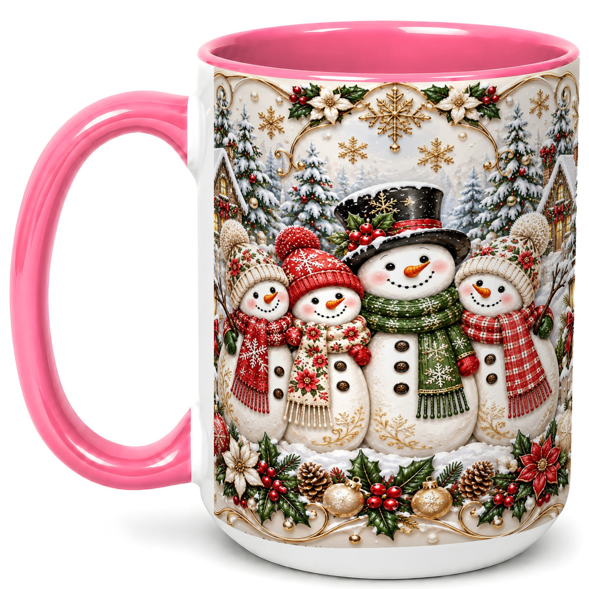 #pl[15oz|Pink] Elegant Snowman Coffee Mug, Golden Christmas Family Mug, Ceramic Cup