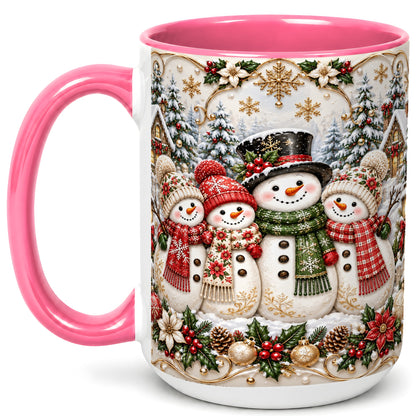 #pl[15oz|Pink] Elegant Snowman Coffee Mug, Golden Christmas Family Mug, Ceramic Cup