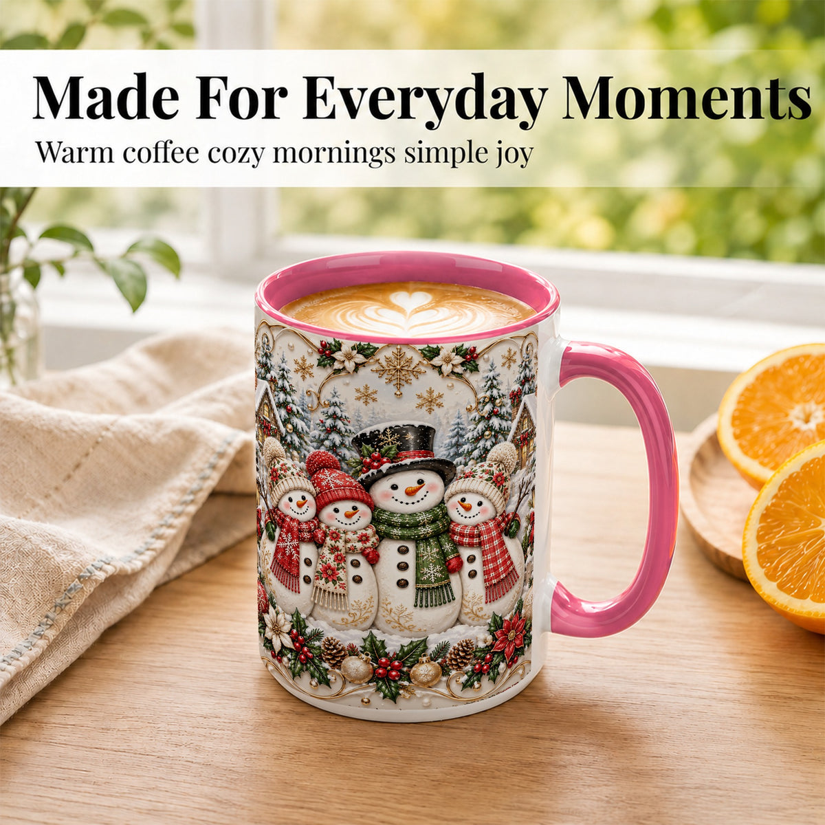 #pl[15oz|Pink] Elegant Snowman Coffee Mug, Golden Christmas Family Mug, Ceramic Cup