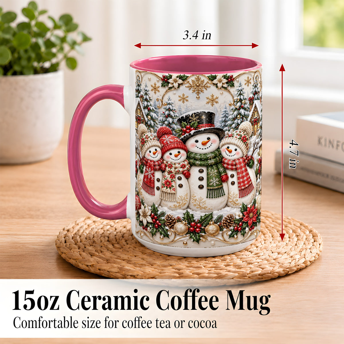 #pl[15oz|Pink] Elegant Snowman Coffee Mug, Golden Christmas Family Mug, Ceramic Cup