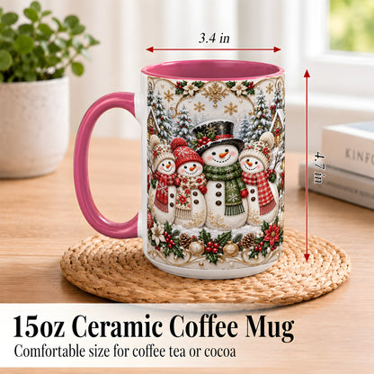 #pl[15oz|Pink] Elegant Snowman Coffee Mug, Golden Christmas Family Mug, Ceramic Cup