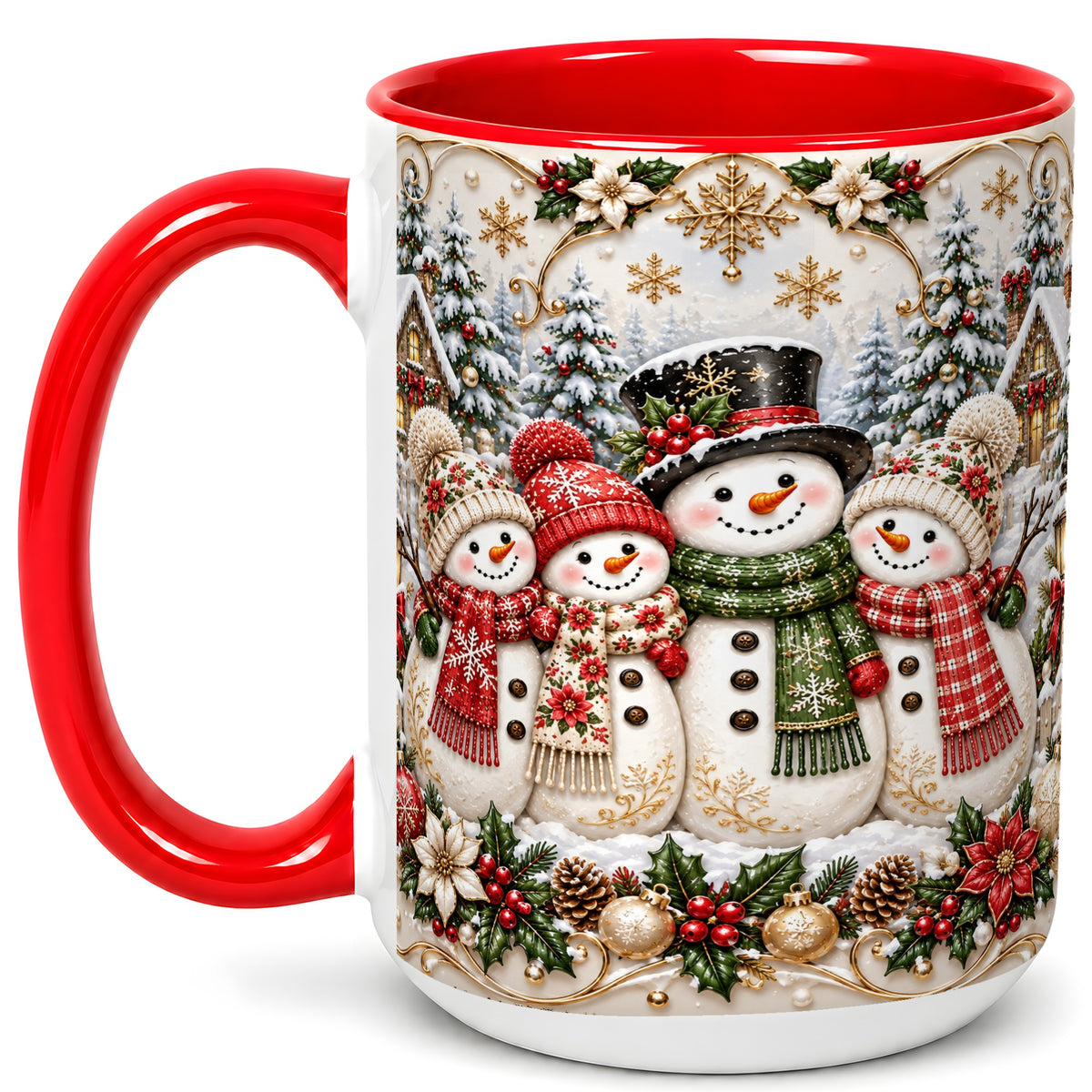 #pl[15oz|Red] Elegant Snowman Coffee Mug, Golden Christmas Family Mug, Ceramic Cup