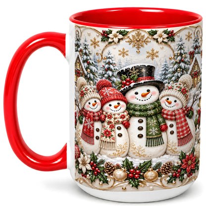 #pl[15oz|Red] Elegant Snowman Coffee Mug, Golden Christmas Family Mug, Ceramic Cup