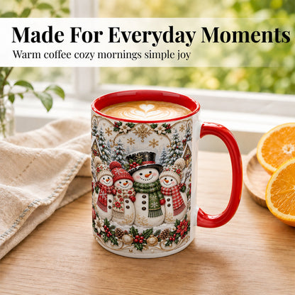 #pl[15oz|Red] Elegant Snowman Coffee Mug, Golden Christmas Family Mug, Ceramic Cup