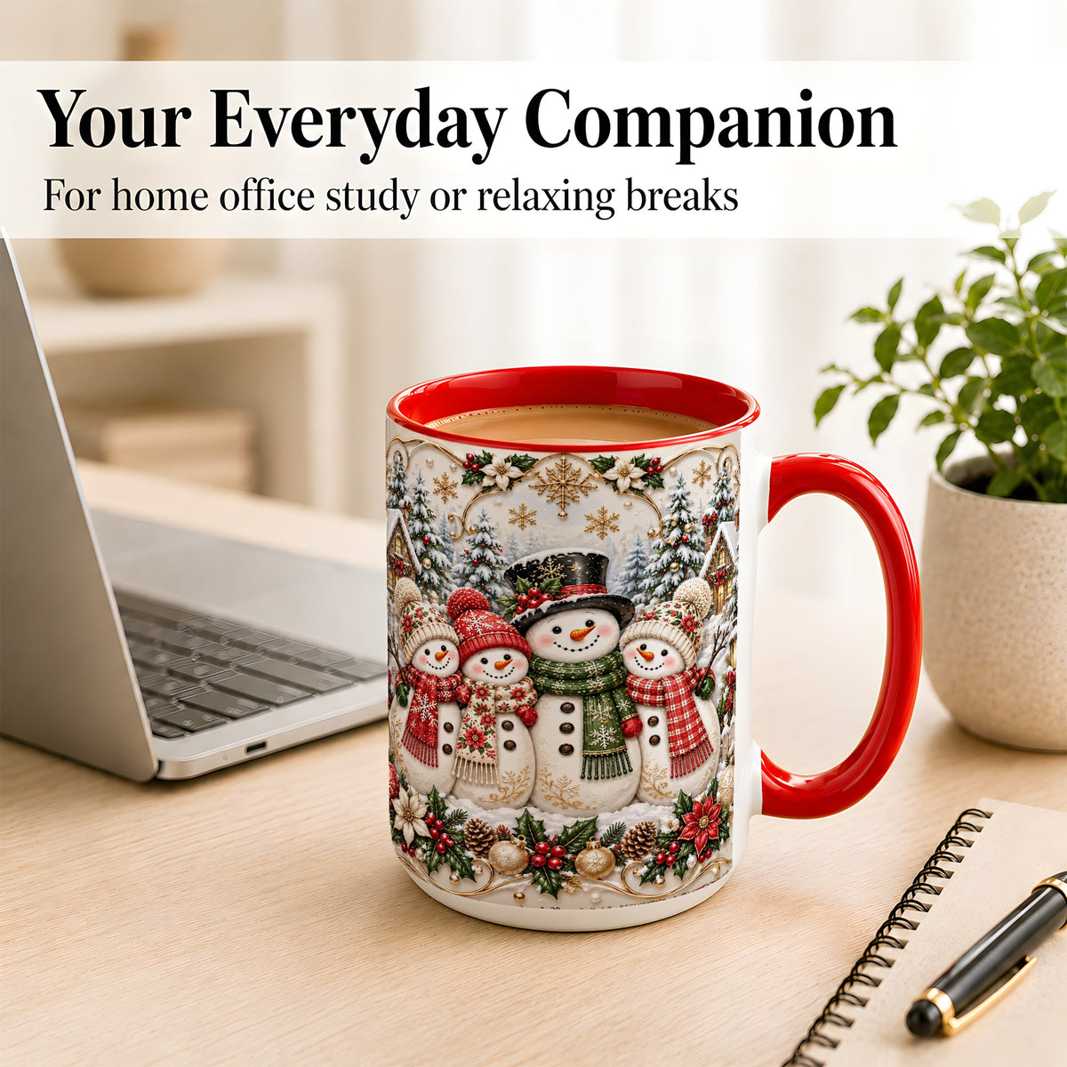 #pl[15oz|Red] Elegant Snowman Coffee Mug, Golden Christmas Family Mug, Ceramic Cup