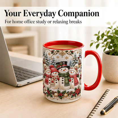 #pl[15oz|Red] Elegant Snowman Coffee Mug, Golden Christmas Family Mug, Ceramic Cup