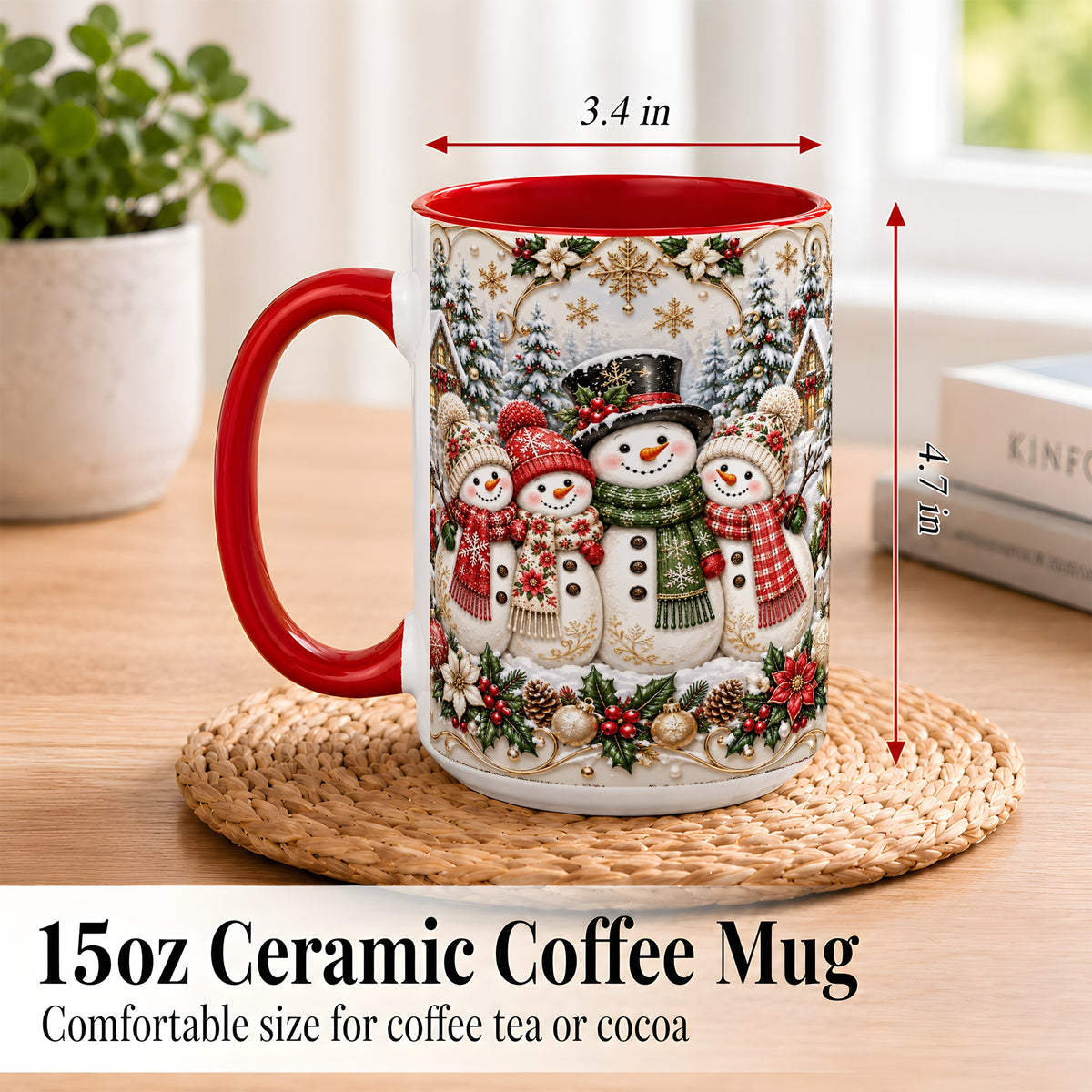 #pl[15oz|Red] Elegant Snowman Coffee Mug, Golden Christmas Family Mug, Ceramic Cup
