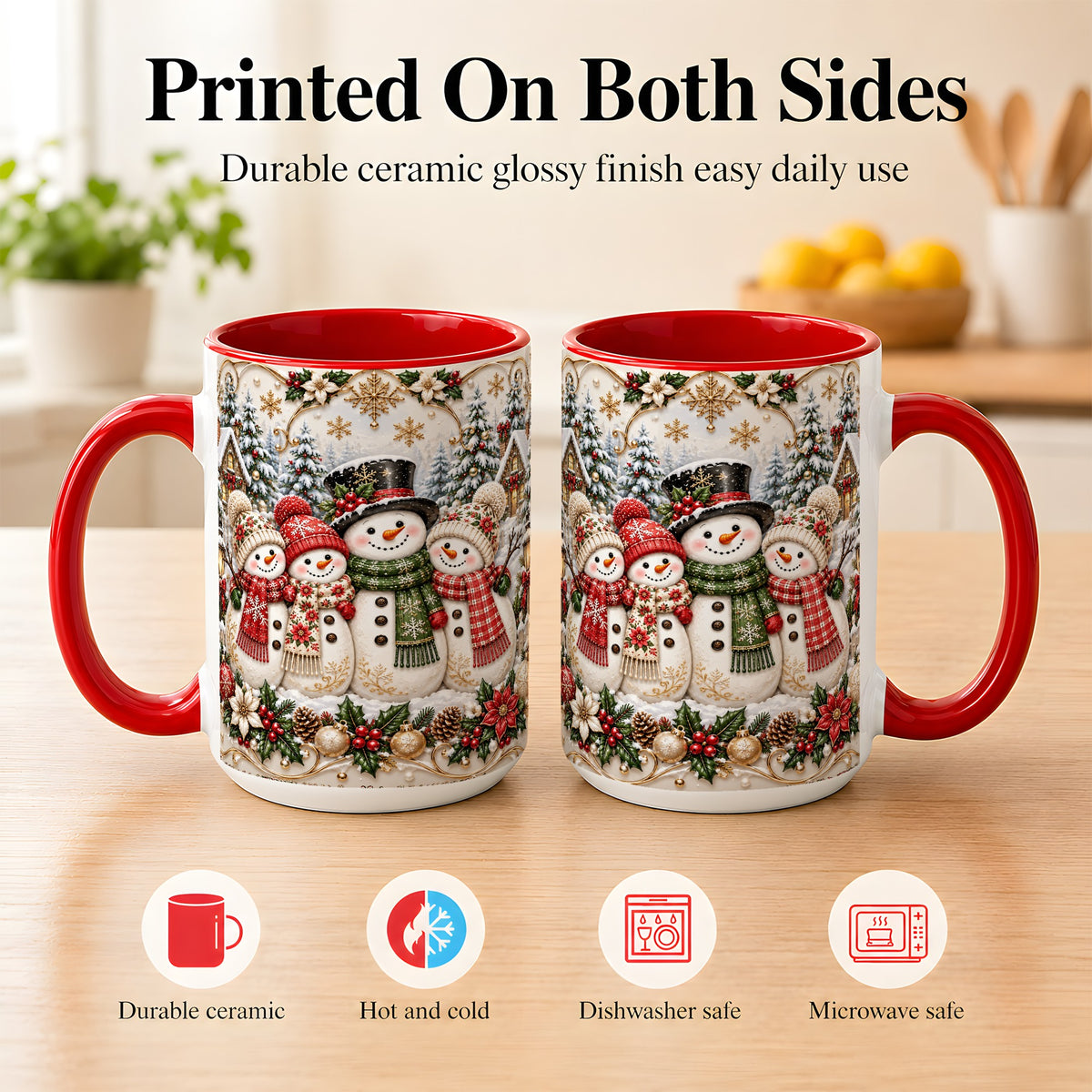 #pl[15oz|Red] Elegant Snowman Coffee Mug, Golden Christmas Family Mug, Ceramic Cup